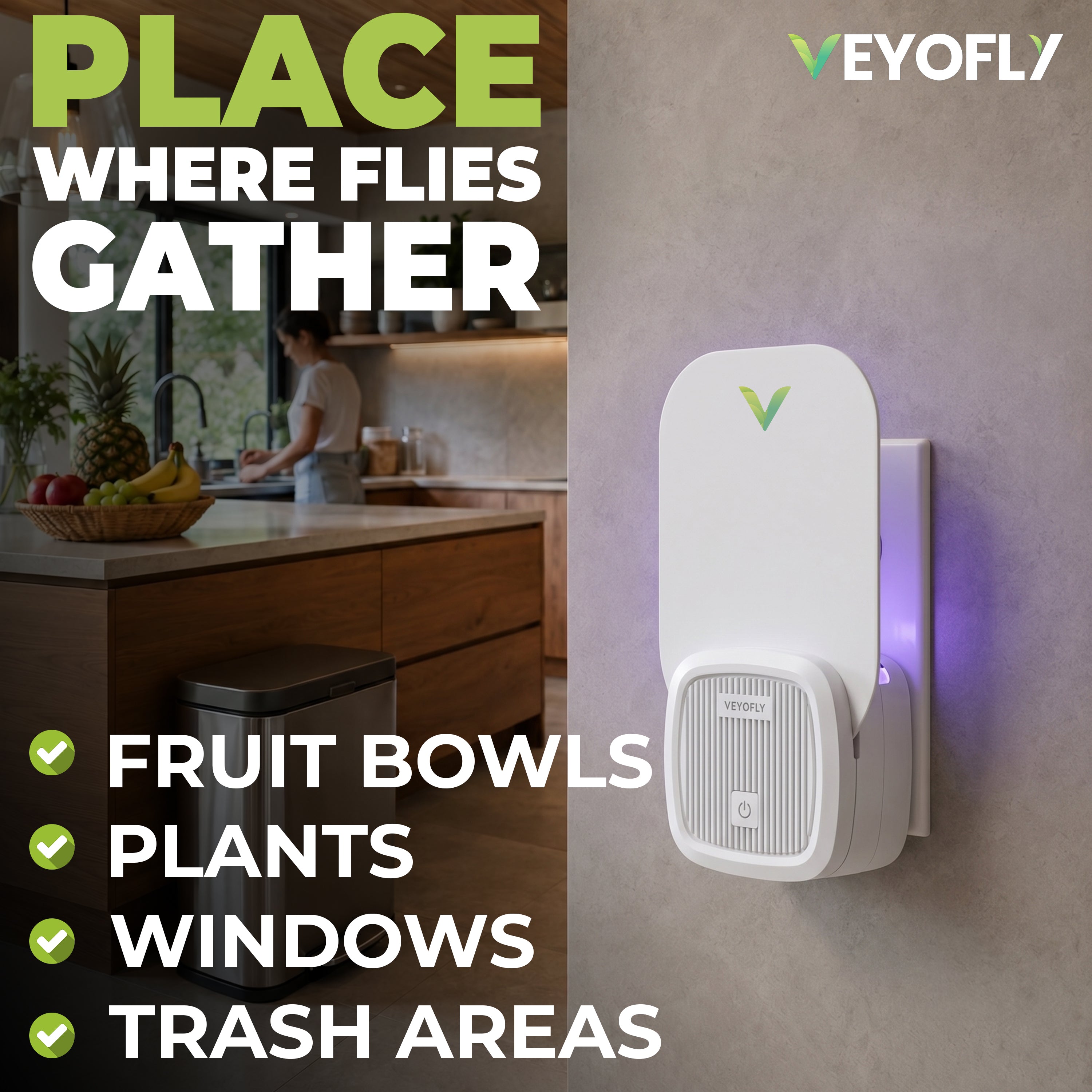 VEYOFLY Fruit Fly Trap Indoor, HouseFly Trap VF01 - 1x Device + 2x Refills
