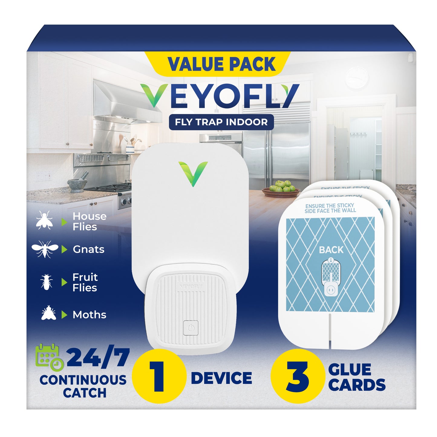 VEYOFLY Fruit Fly Trap Indoor, HouseFly Trap VF01 - Kit 1x Device + 3x Refills