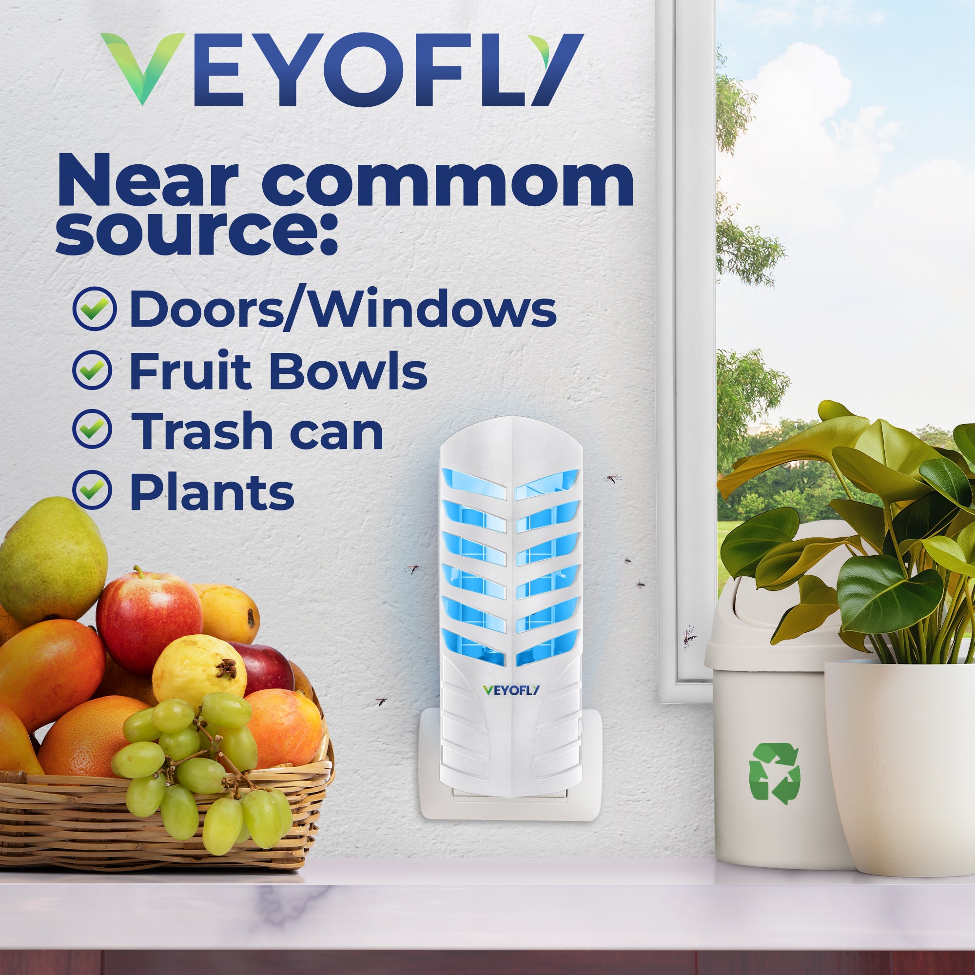 VEYOFLY Fruit Fly Trap Indoor, HouseFly Trap VF02 - Kit 1x Device + 3x Refills