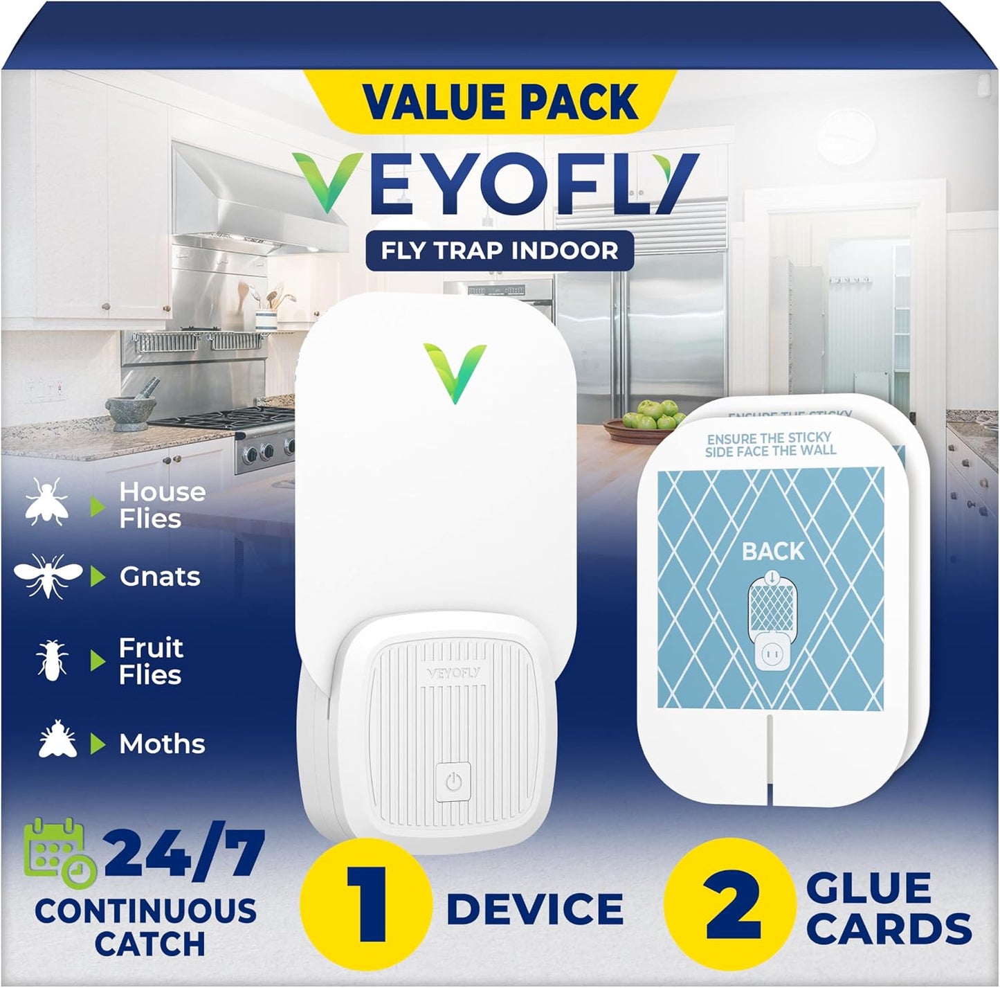 VEYOFLY Fruit Fly Trap Indoor, HouseFly Trap VF01 - 1x Device + 2x Refills