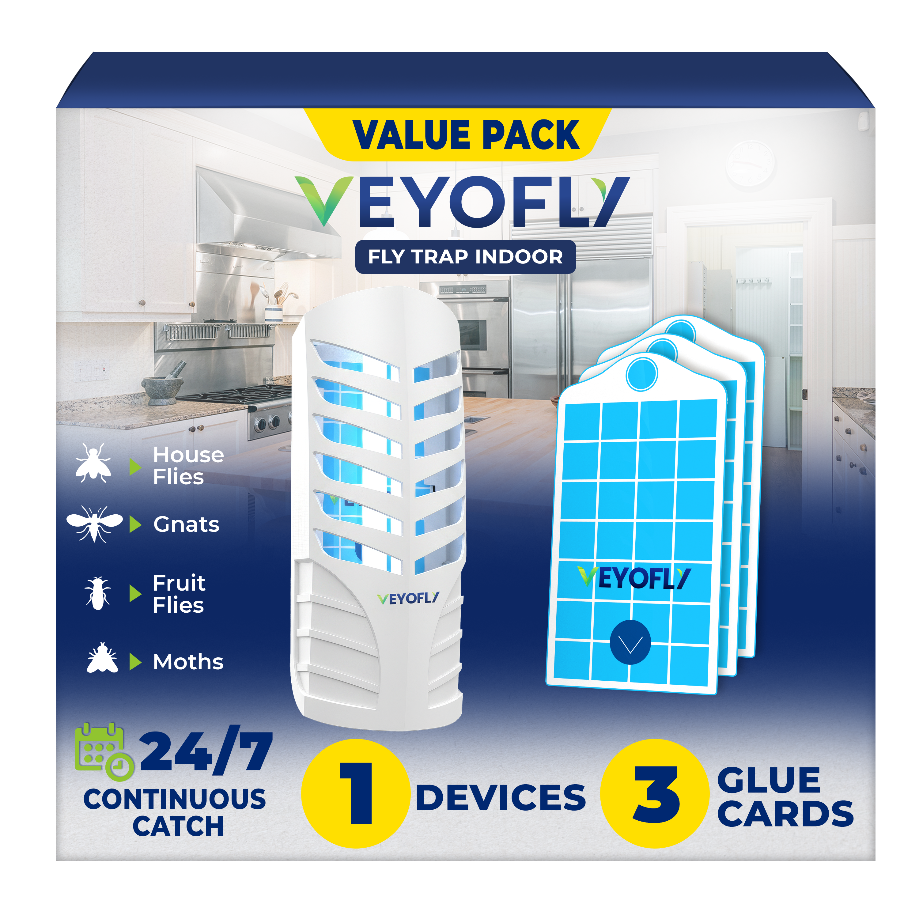 VEYOFLY Fruit Fly Trap Indoor, HouseFly Trap VF02 - Kit 1x Device + 3x Refills